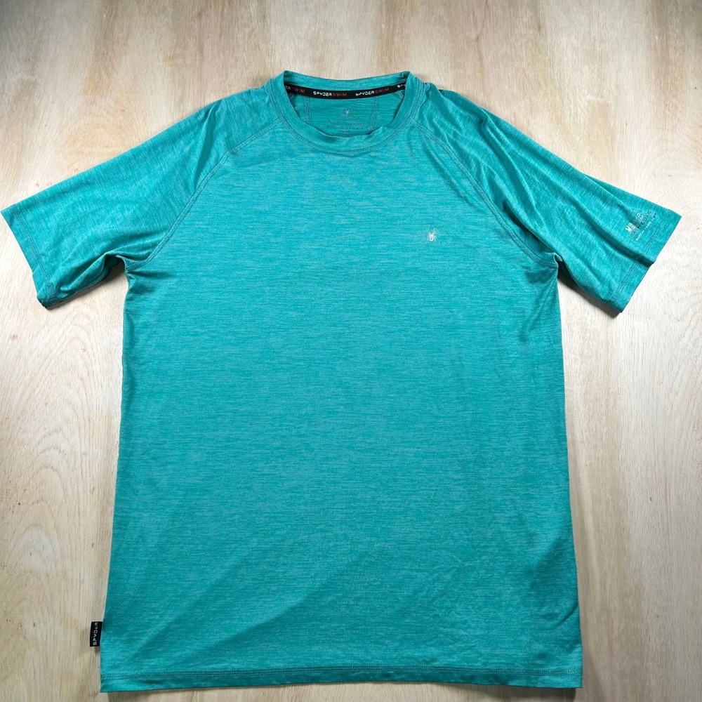 Spyder Swim Rash Guard Mens Medium Teal Heather Short Sleeve Surf Sun Shirt